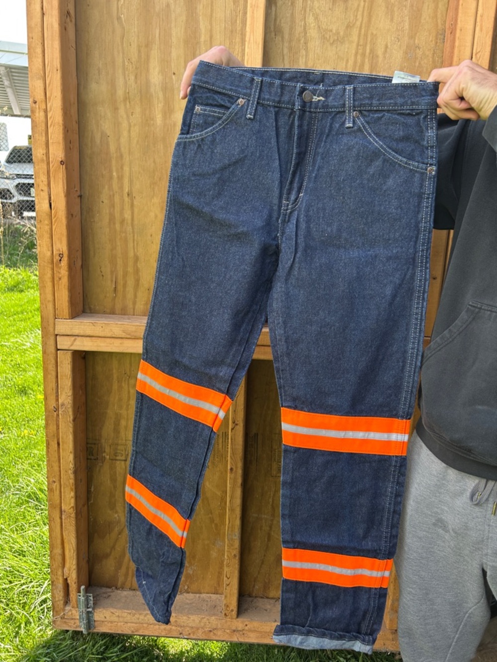 Dickies Men's Dark Blue Straight Work Pants with Orange Reflective Stripes